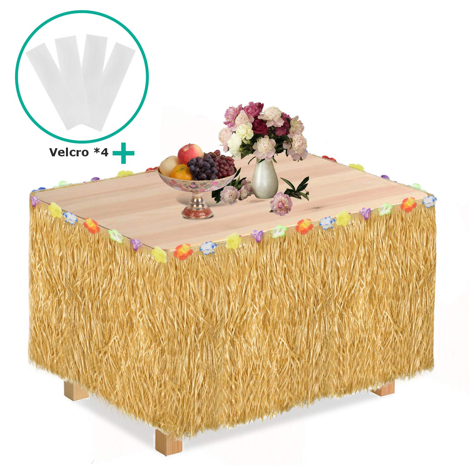 Alcoon Hawaiian Luau Table Skirt 9 Feet Hibiscus Grass Table Skirt 26 Faux Silk Flowers Tropical Island, Luau, Garden Beach Summer, Wedding, Birthday, Party Tableware Decorations