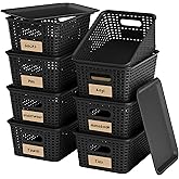 Wrrlors 8-Pack Black Plastic Storage Baskets with Lids, Label Organizers, Stackable Organizer Containers: For Organizing Shelves, Drawers, Desk Closets, Playrooms, Classrooms, Offices