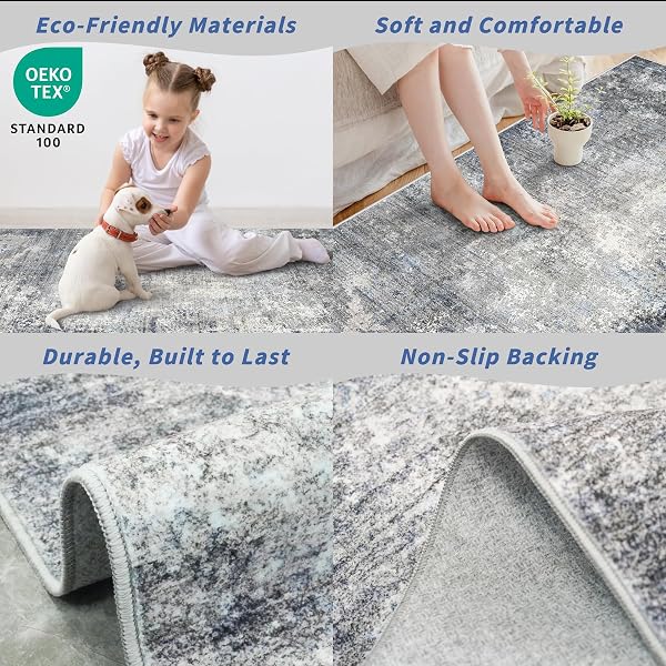 2X8 WASHABLE NON-SLIP HALLWAY RUNNER RUG – MODERN COASTAL ABSTRACT NEUTRAL STAIN-RESISTANT LOW-PILE CARPET RUNNER FOR KITCHEN ENTRYWAY BEDROOM BATHROOM (BLUE GRAY,2X8)