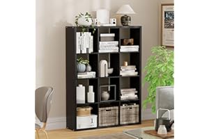 Jpiziso 12-Cube Storage Organizer, Wooden Cube Shelf Bookcase with Reinforced Thick Shelves, Heavy-Duty 36.93" L x 9.37" W x 