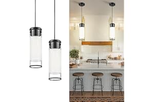 JAZAVA Cylindrical Pendant Light Fixtures, Black Hanging Lights with Frosted Glass for Kitchen Island Dining Room Bedroom Hallway Foyer (2 Pack), PL107BK-2PK