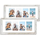 Hongkee 8x20 Picture Frame Set of 2, Distressed White Wood Frame with Tempered Glass Collage Frame, Display Pictures Four 4x6 With Mat or 8 x 20 Without Mat - Horizontal or Vertical Wall Mounting