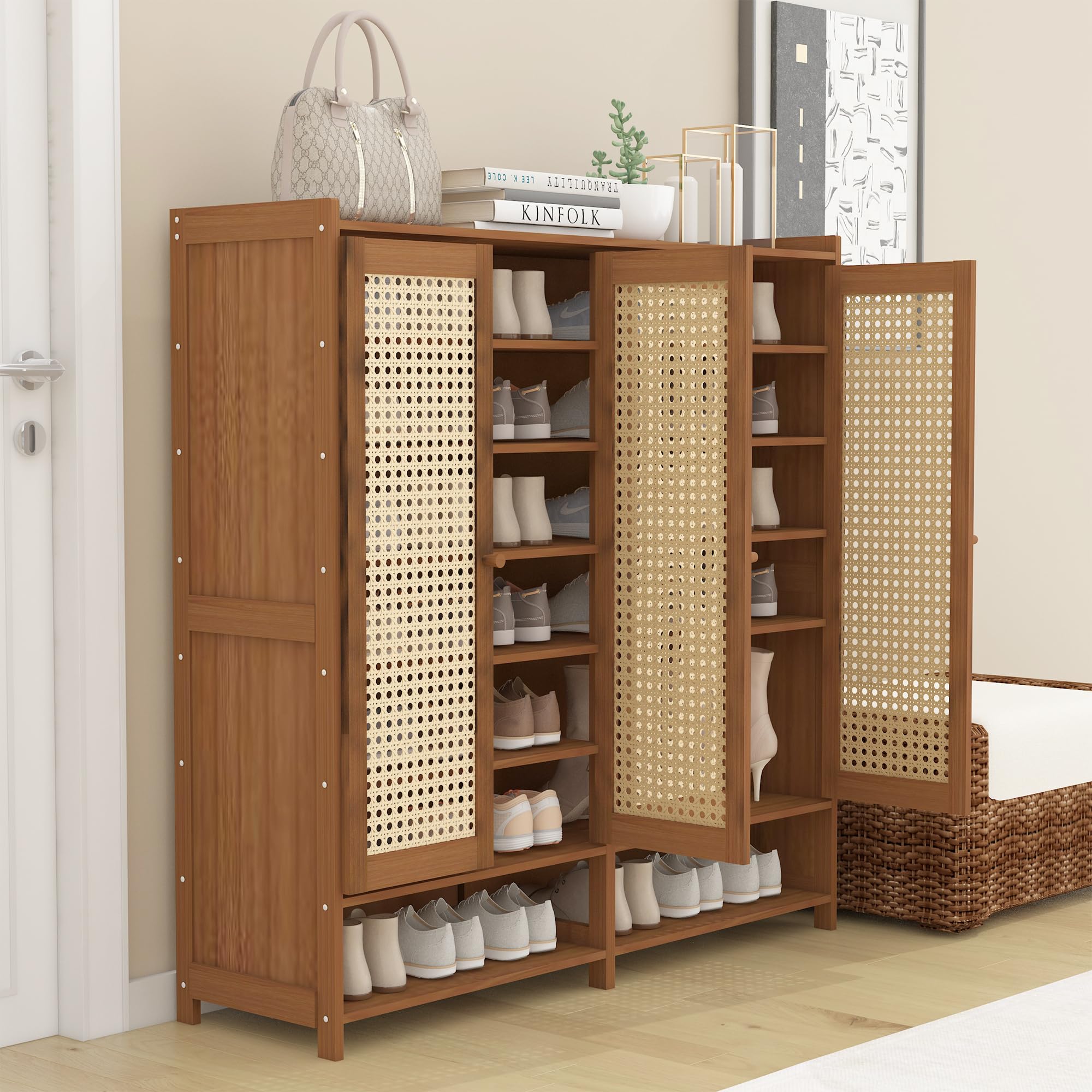 Photo 1 of *Small scratches* O5ceanLuxe Upgraded Shoe Storage Cabinet,39 Pairs Rattan Shoe Cabinet Storage,8 Tier 45" Tall Large Shoe Cabinet,Boho Farmhouse Cabinet with Doors for Hallway Living Room Closet(47.2" W 8 Tier)