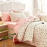 Wake In Cloud - Floral Quilt Set, Coquette Cottagecore Shabby Chic Flower Pattern for Women Teen Girls, Reversible Lightweight Bedspread Coverlet, 3 Pieces, Peach Blush, Twin/Twin XL Size