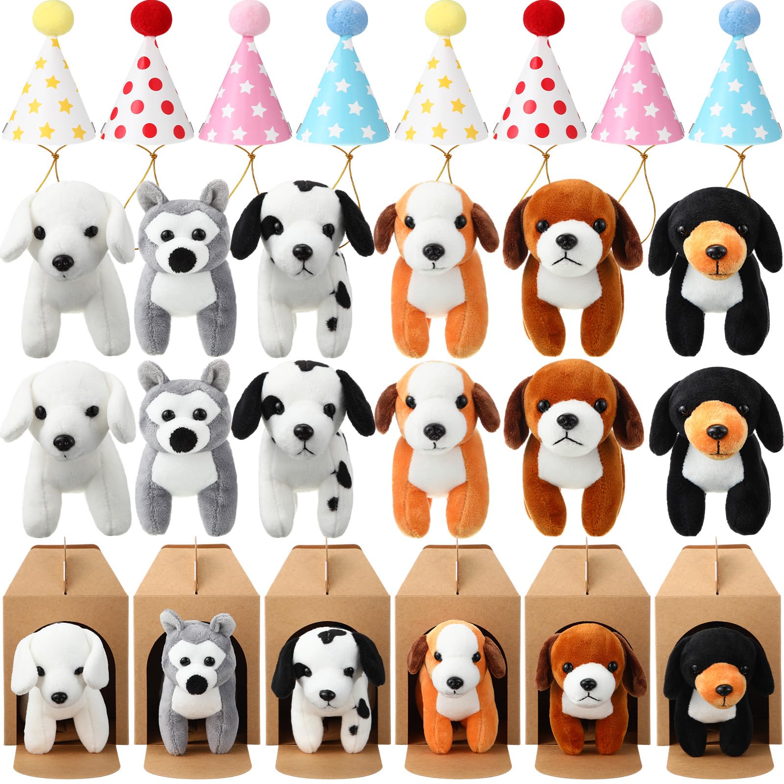 Photo 1 of Simgoing 12 Set Mini Plush Toy Stuffed Animals Adopt a Dog Set with 12 Stuffed Dogs 12 Kraft Paper Boxes 12 Birthday Hats for Boys and Girls Animal Theme Birthday Party Favors(Brown)