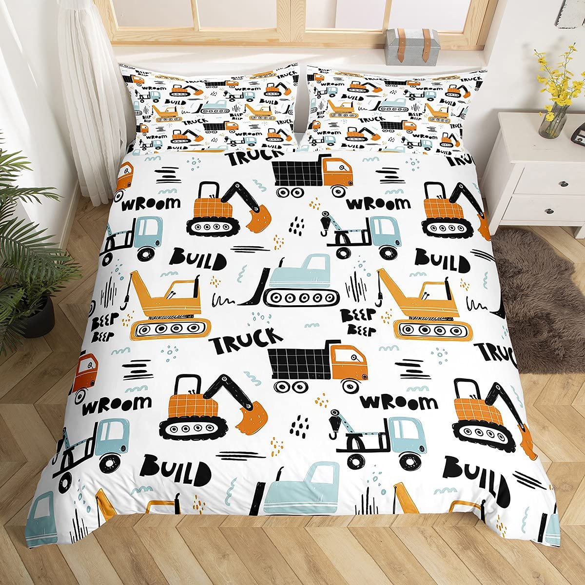 Loussiesd Kids Cartoon Excavator Bedding Set Boys Vehicles Truck Car Comforter Cover Child Cute Building Equipment Duvet Cover Toddler Funny Construction Transport Bedding & Linen Colorful Double