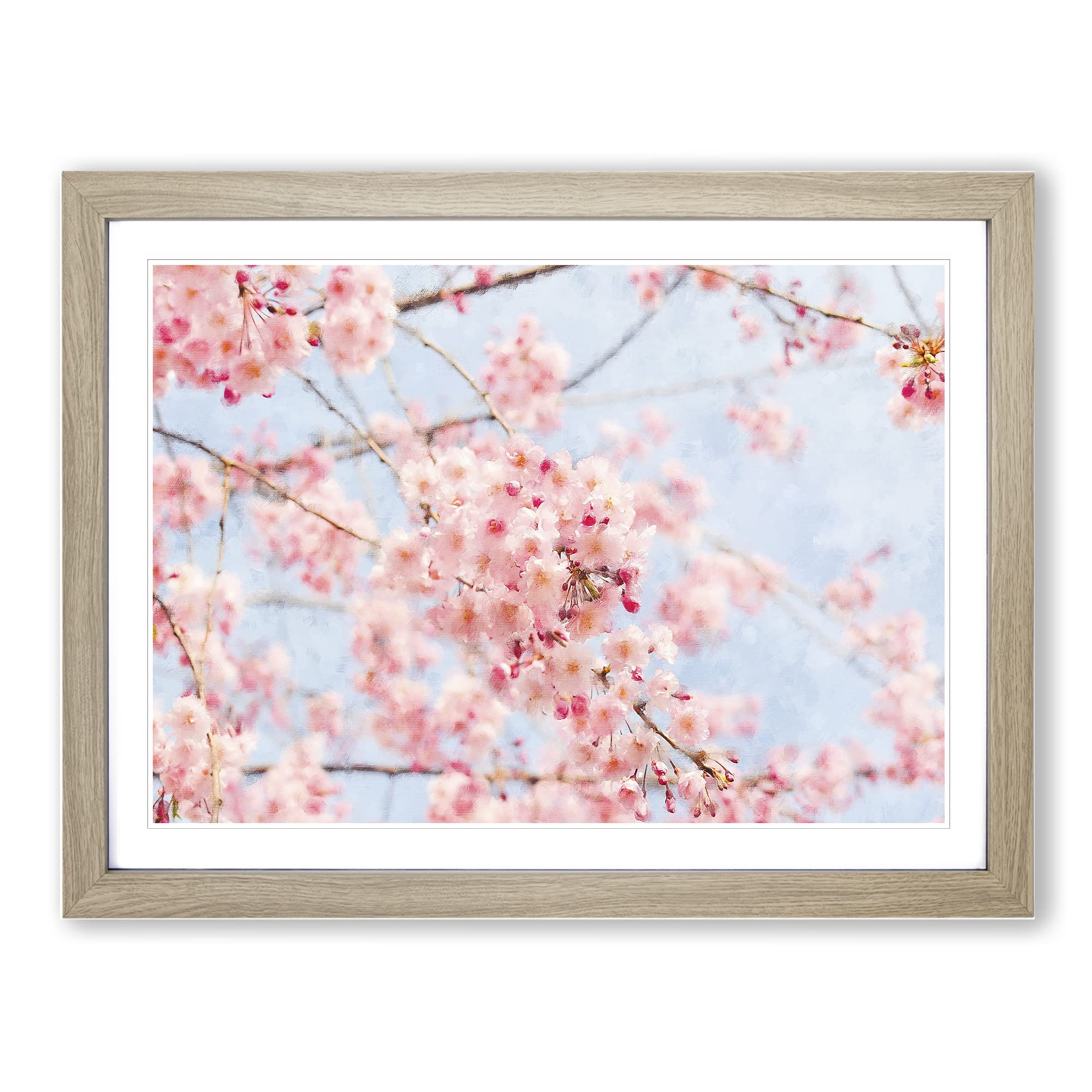 Pink Cherry Blossom Flowers Vol.9 Painting Modern Art Framed Wall Art Print, Ready to Hang Picture for Living Room Bedroom Home Office Décor, Oak A4 (34 x 25 cm)