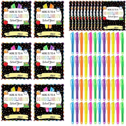 72 Pcs First Day of School Gifts Bulk Highlighter with First Day of School Greeting Cards Gift for Teacher Student Class Exchange Gift Party Favors Classroom Rewards Prize Birthday Goodie Bag Stuffer