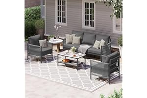 Oasbira Aluminum Outdoor Patio Furniture Set, HDPE Rope 4 Piece Modern Sectional Conversation Sets with Dual-Layer Coffee Table, All Weather Patio Couch Set with Thick Cushions, Gray Frame, Charcoal