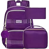 HPJGD 3PCS Girls School Backpack, 17" Water Resistant School Bag with Lunch Box, Cute Purple Bookbag Set for Women College Teenagers High Middle Elementary