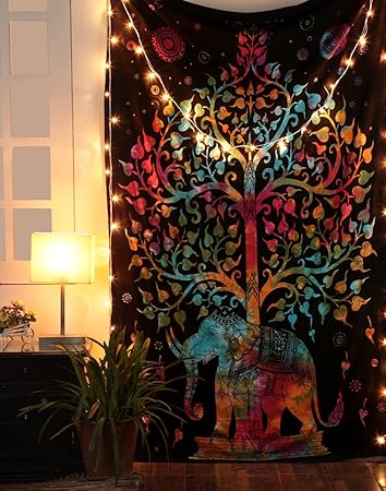 Rajrang Tree of Life Psychedelic Wall Hanging Elephant Tapestry, Multi/Black, Decorative Wall Hanging, Picnic Beach Sheet