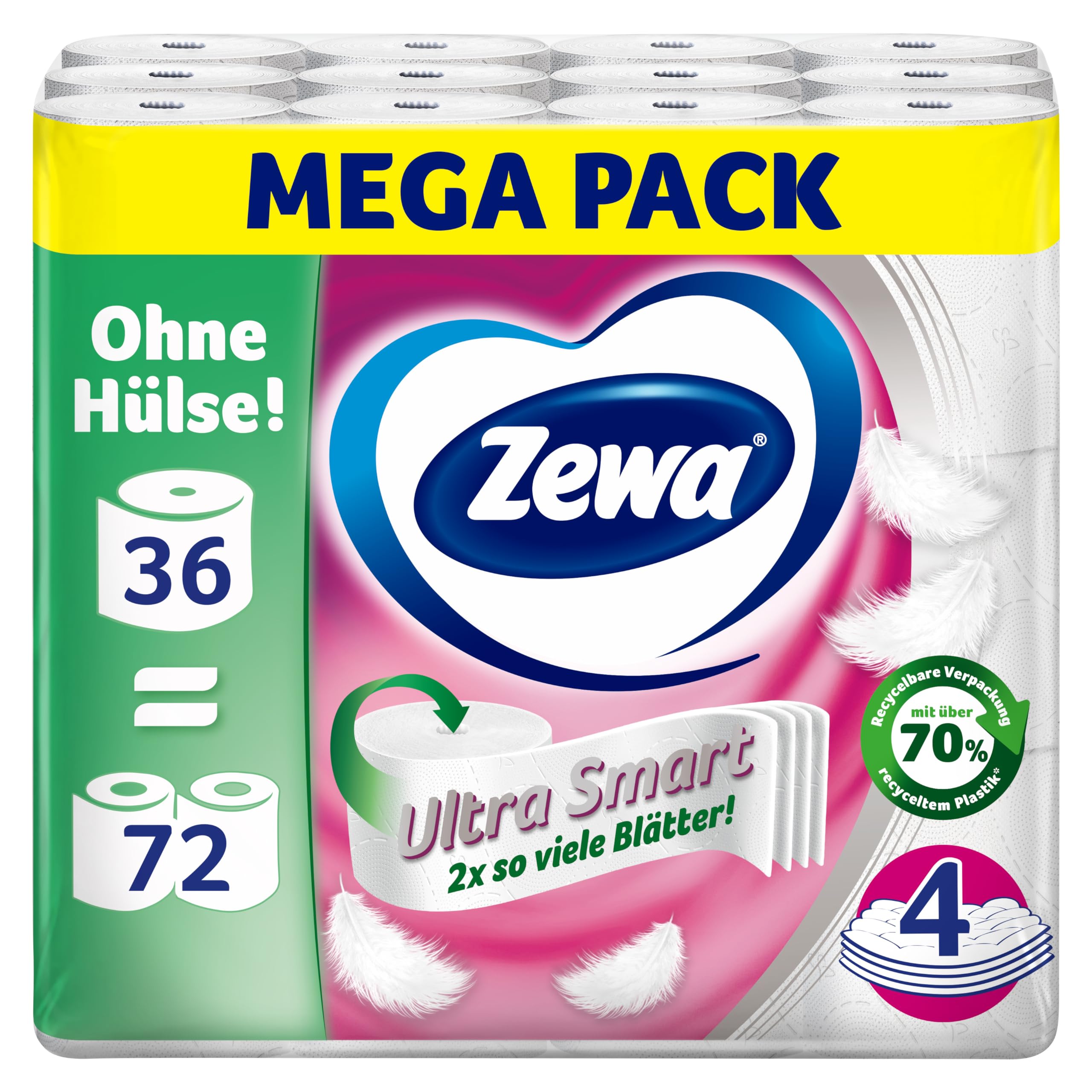 Zewa Ultra Smart Toilettenpapier Großpackung, 36 Rollen á 280 Blatt, Riesenrolle, 4-lagig, hell