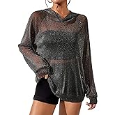 WDIRARA Women's Glitter Sheer Mesh See Through Long Sleeve Pullovers Oversized Shirts Hoodie Sweatshirts