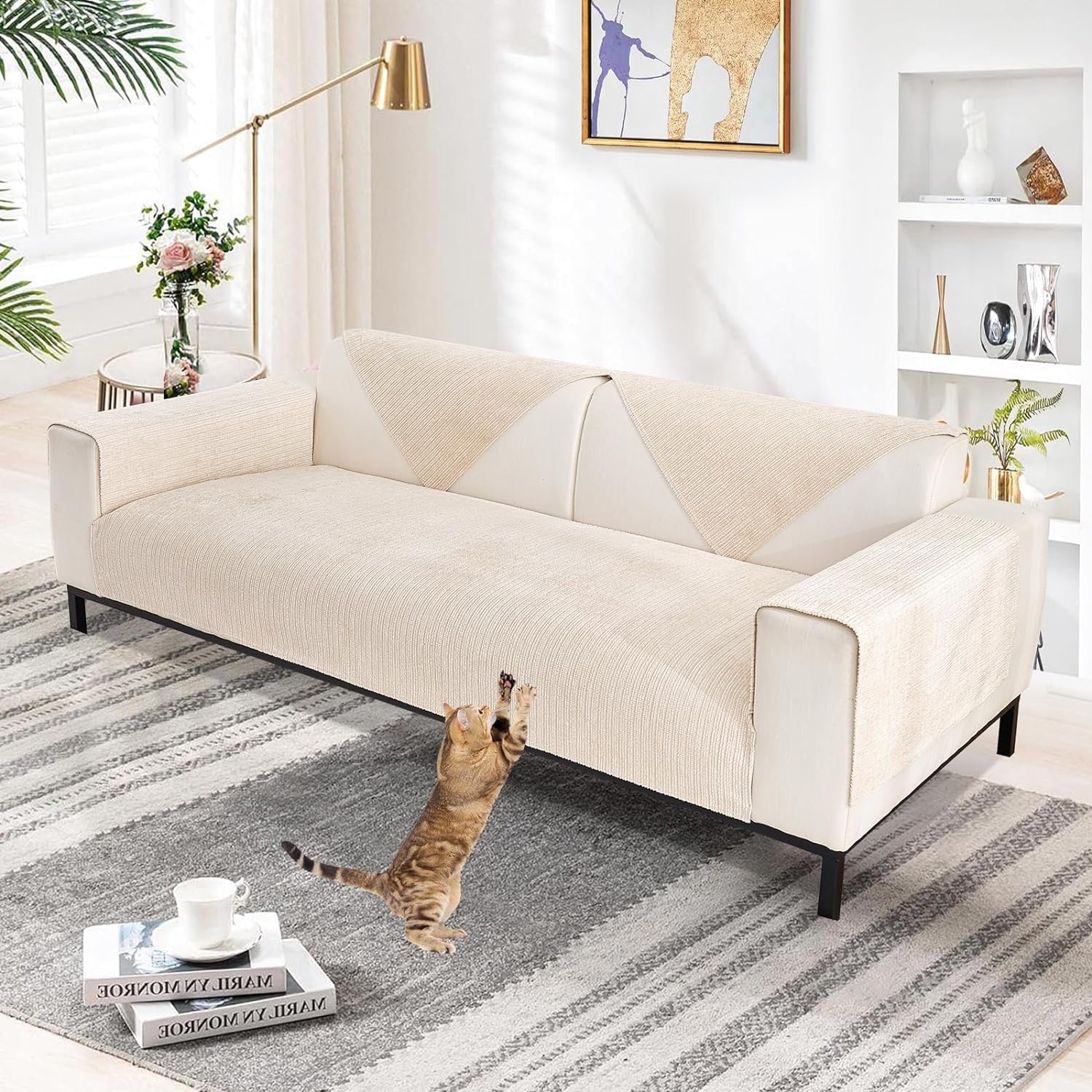 Topchances Chenille Sofa Cover 1 2 3 Seater,Washable Sofa Slipcovers Non-Slip Seat Cushions with Silicone Particles All-Seasons Apply to Pet Living Room Cushions(Off White,90x120cm 1 Piece)