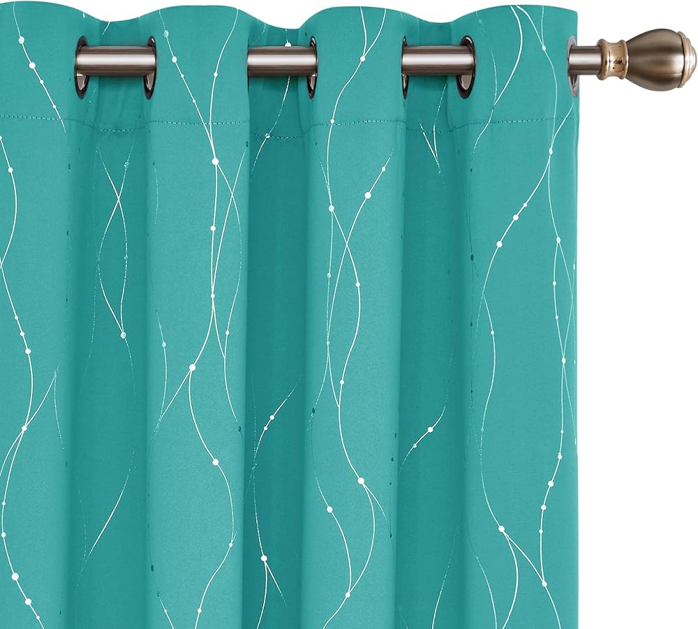 Deconovo Dotted Line Foil Printed Thermal Blackout Curtains 2 Panels Turquoise
