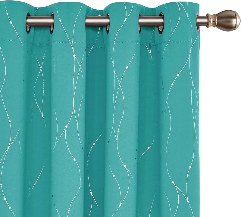 Deconovo Dotted Line Foil Printed Thermal Blackout Curtains 2 Panels Turquoise