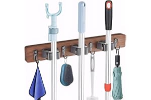 MG RACK YF FiNeWaY Broom Mop Holder Wall Mount，Rustic Solid Wood Wall Mounted Garden Tool Organizer Rake Hanger with 3 Racks 4 Hooks for Bathroom Kitchen Office Closet Garden