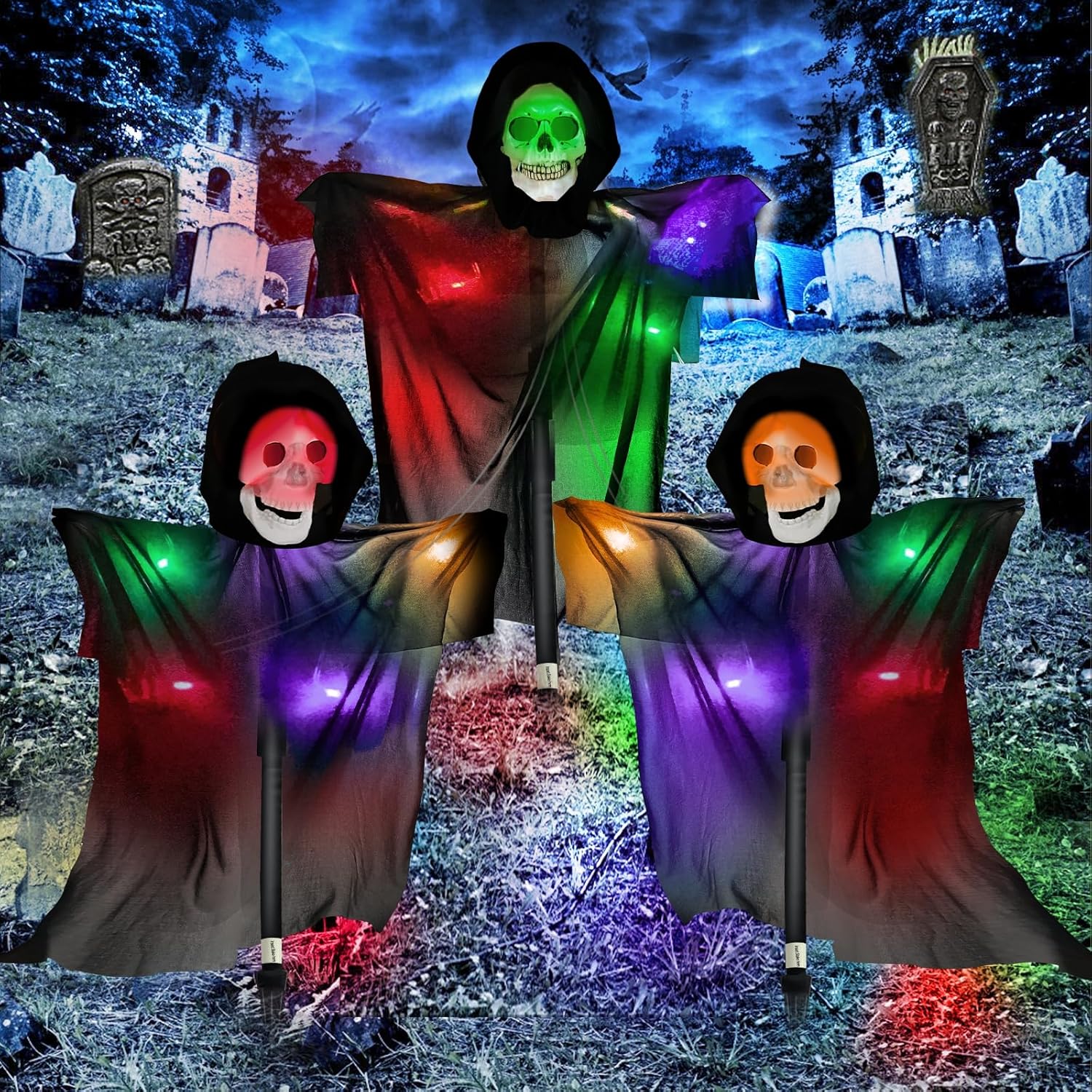 Decorative Garden Stakes - TURNMEON 3Pack Lighted Skeleton Ghost Halloween Yard Stakes Outdoor Decorations, Light Up Multicolored Lights Black Cloth Ghost Stakes for Halloween Decor, Lawn, Yard, Patio, Haunted House Decorations