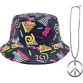 Bucket Hats Double-Side-Wear Reversible Fashion Sun Cap 80s 90s Hippie Style Peace Sign Necklace 80s Theme Party Hat