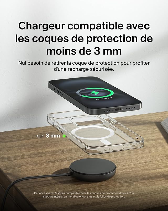 Station de Charge sans Fil, 15W, Certifié Qi2 et Compatible MagSafe, pour Tous Les modèles de l'iPhone 17, iPhone Air, iPhone 16, pour Les AirPods, etc., avec Adaptateur Secteur - Noir
