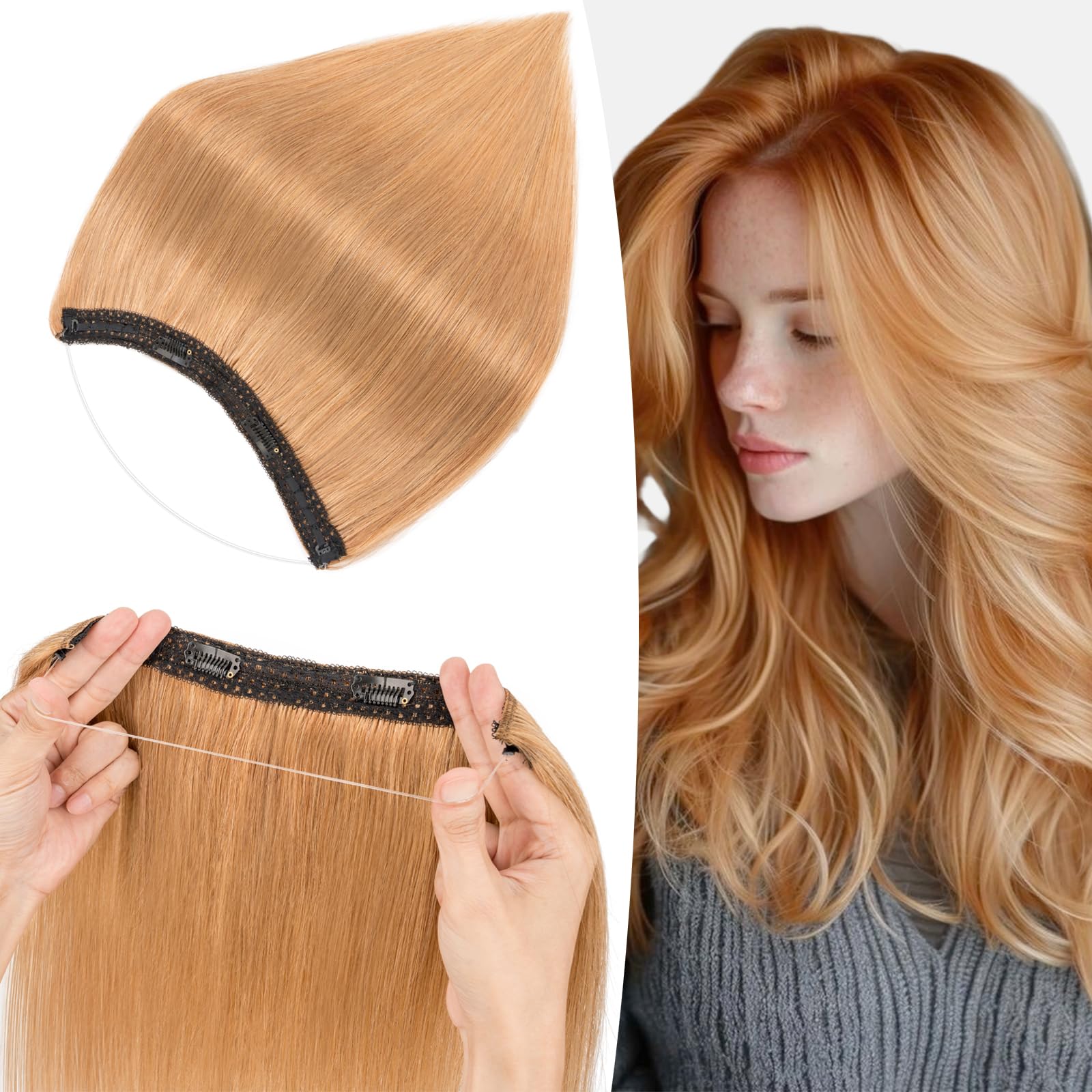 S-noilite Wire Hair Extensions Human Hair Dark Blonde Invisible Fish Line Hair Extensions Real Hair One Piece Human Hair Extensions 16 Inch 65g