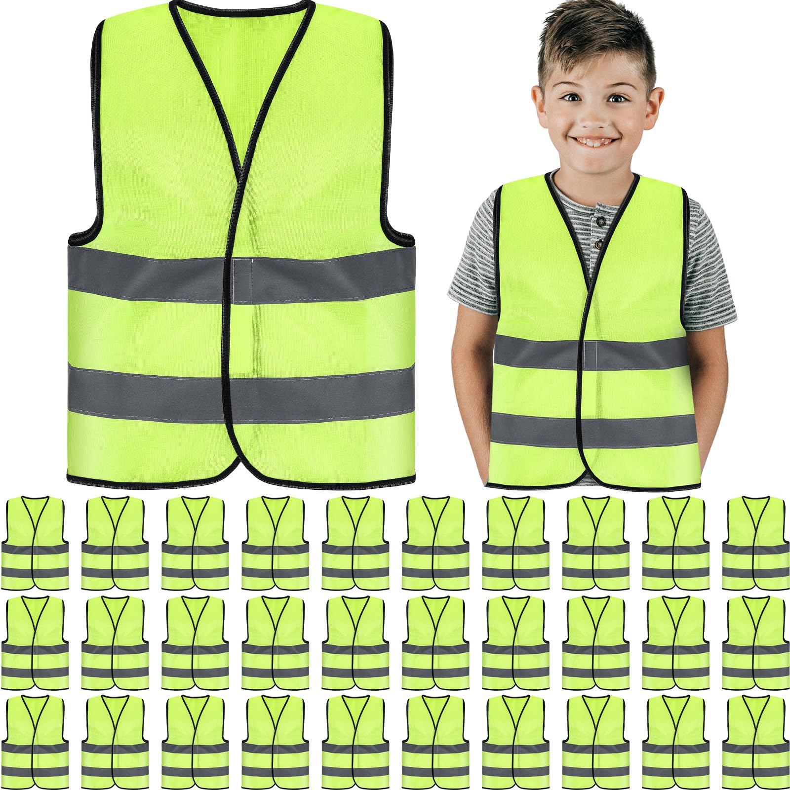Photo 1 of Zhanmai 40 Pcs Kids Safety Vest Bulk High Visibility Reflective Construction Vest with Strips Neon for Traffic Child Outdoor (Yellow)
