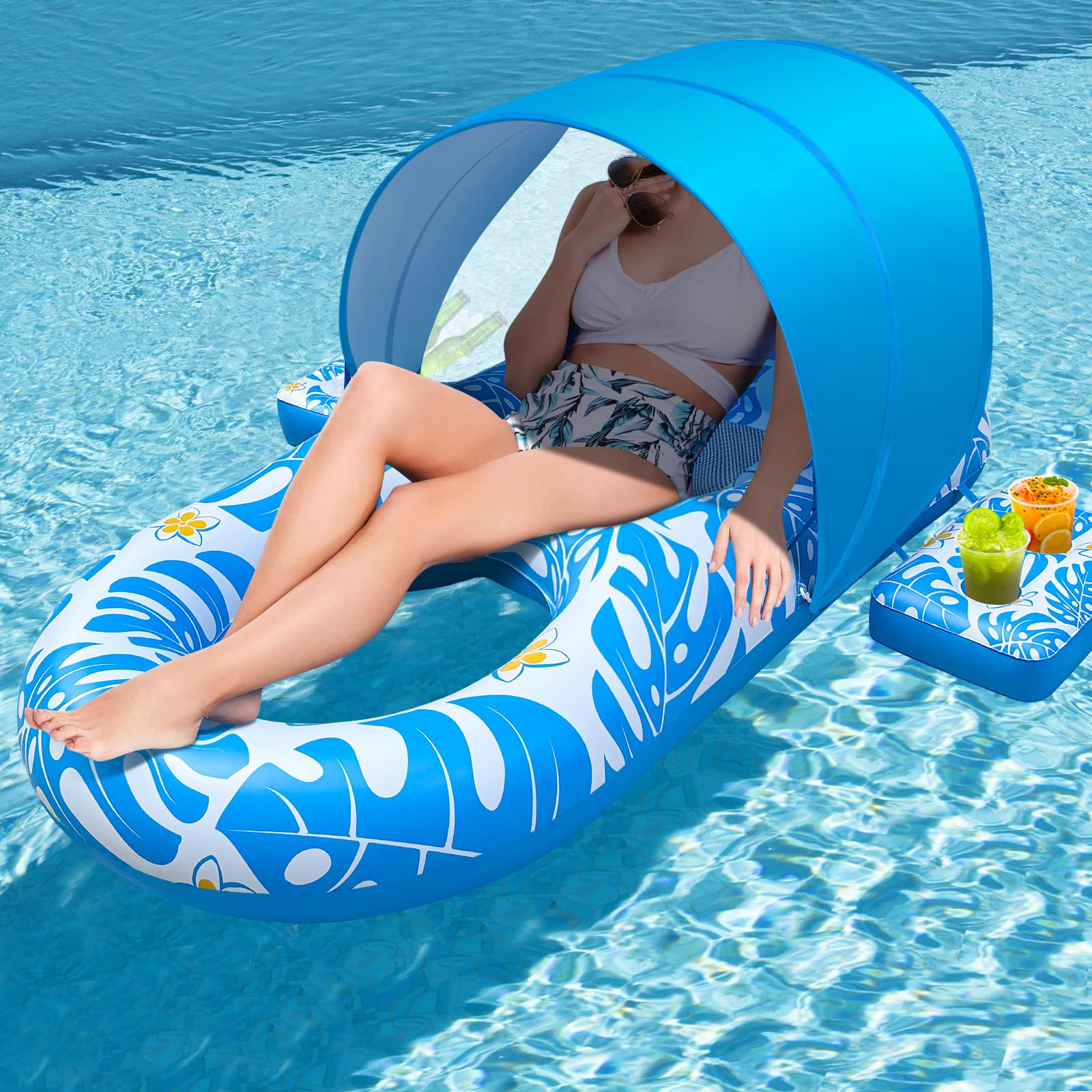 Photo 1 of EAONE 65 x 34 in Adults Pool Floats with Canopy, Large Inflatable Pool Lounger Water Floaties with Floating Ice Bucket, Drink Holder & Backrest for Pool/Lake/Beach