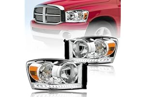 Fullux Headlights LED for 2006-2008 Dodge Ram 1500 2500 3500 LED DRL Head Lights Assembly Halogen Headlamps Amber Reflector Chrome Housing