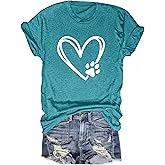 FAOUEOW Dog Lover Shirts for Women Paw Print Heart Shirt Cute Dog Mom Short Sleeve Tops Summer Cotton T-Shirts Tee Tops