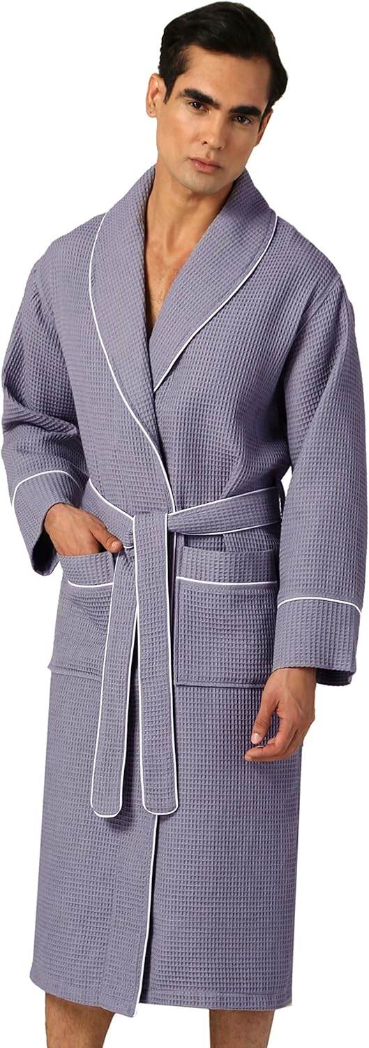 Men’s Waffle Robe with Piping Lightweight Cotton, Full Length Robe