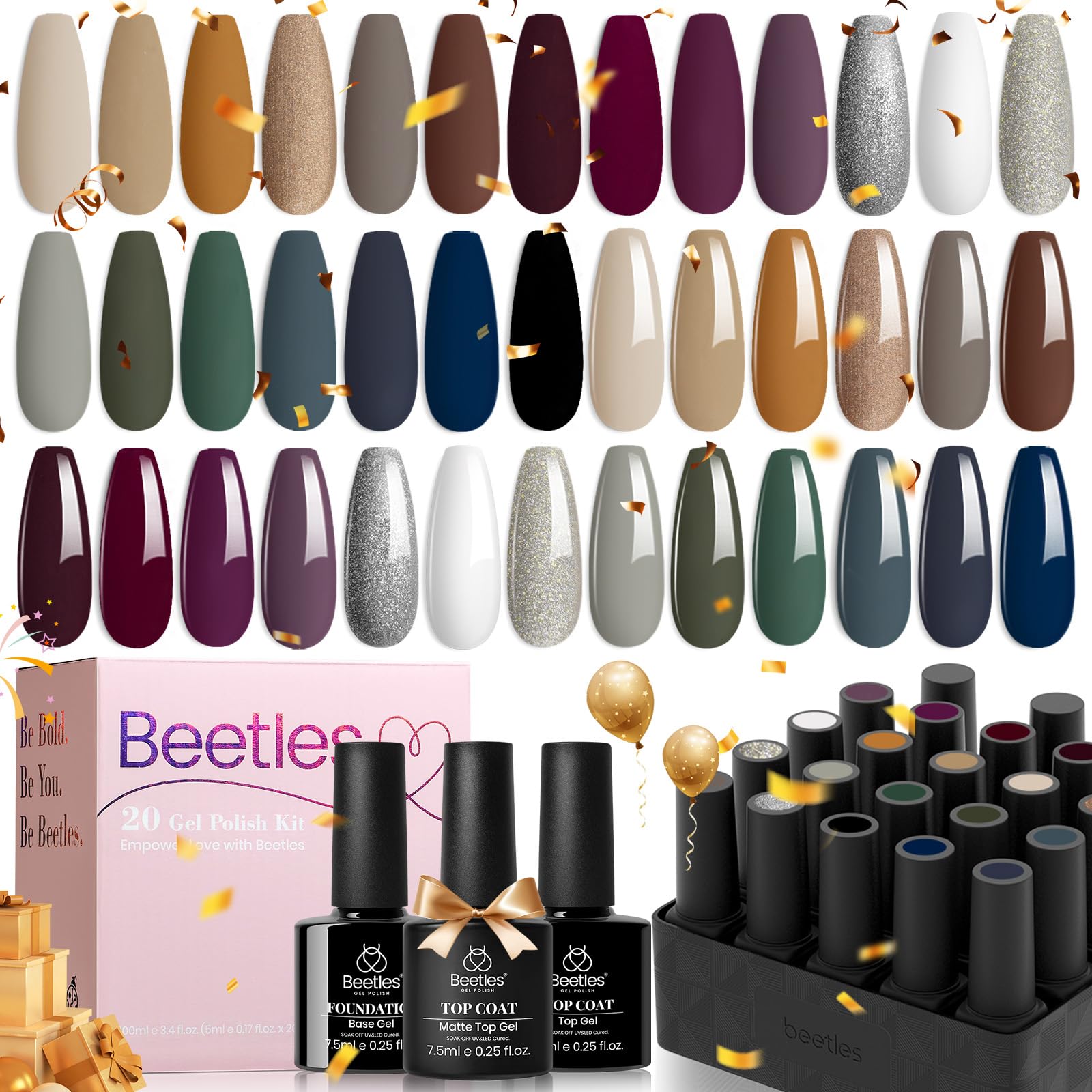 beetles Autumn Gel Polish Kit- 23 Pcs Industrial Wave Collection Brown Gray White Burgundy Gel Polish Set Blue Green Glitter Gel Nail Kit Soak off Top Coat Base Coat Gifts for Girls