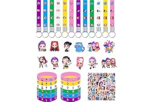 GENERIC Demon Movie Hunters Birthday Party Supplies, 86pcs Birthday Party decorations Set Included 12 Bracelets, 12 Acrylic Pins, 12 Keychains, 50 Stickers, for Boys and Girls Cartoon Theme Party.