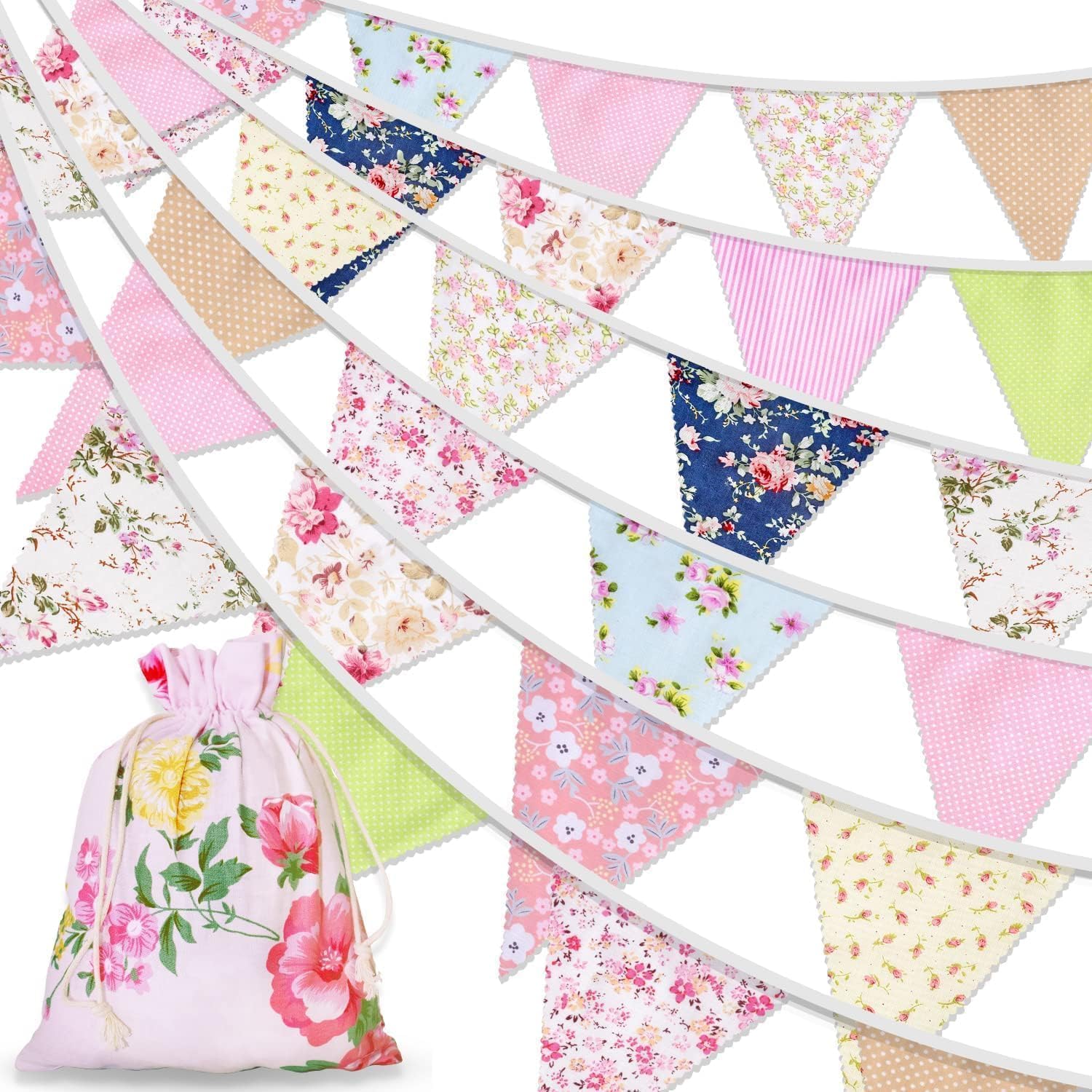 Alintor 45.9ft 46pcs Bunting Flags + Drawstring Bag, Vintage Mothers Day Bunting, Floral Bunting Banner for Party Birthday, Garden, Afternoon Tea, Easter Decorations