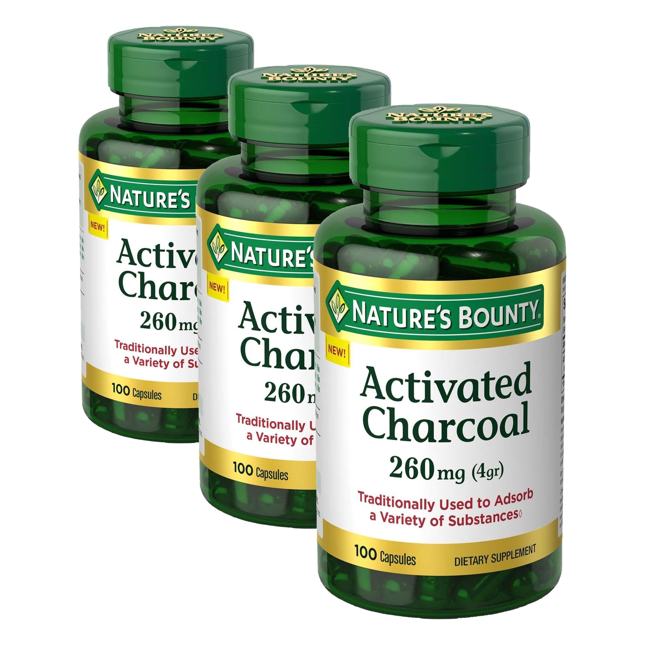 Nature’s Bounty Activated Charcoal 260 mg, 100 Capsules, Dietary Supplement to Support a Healthy Lifestyle (Pack of 3)