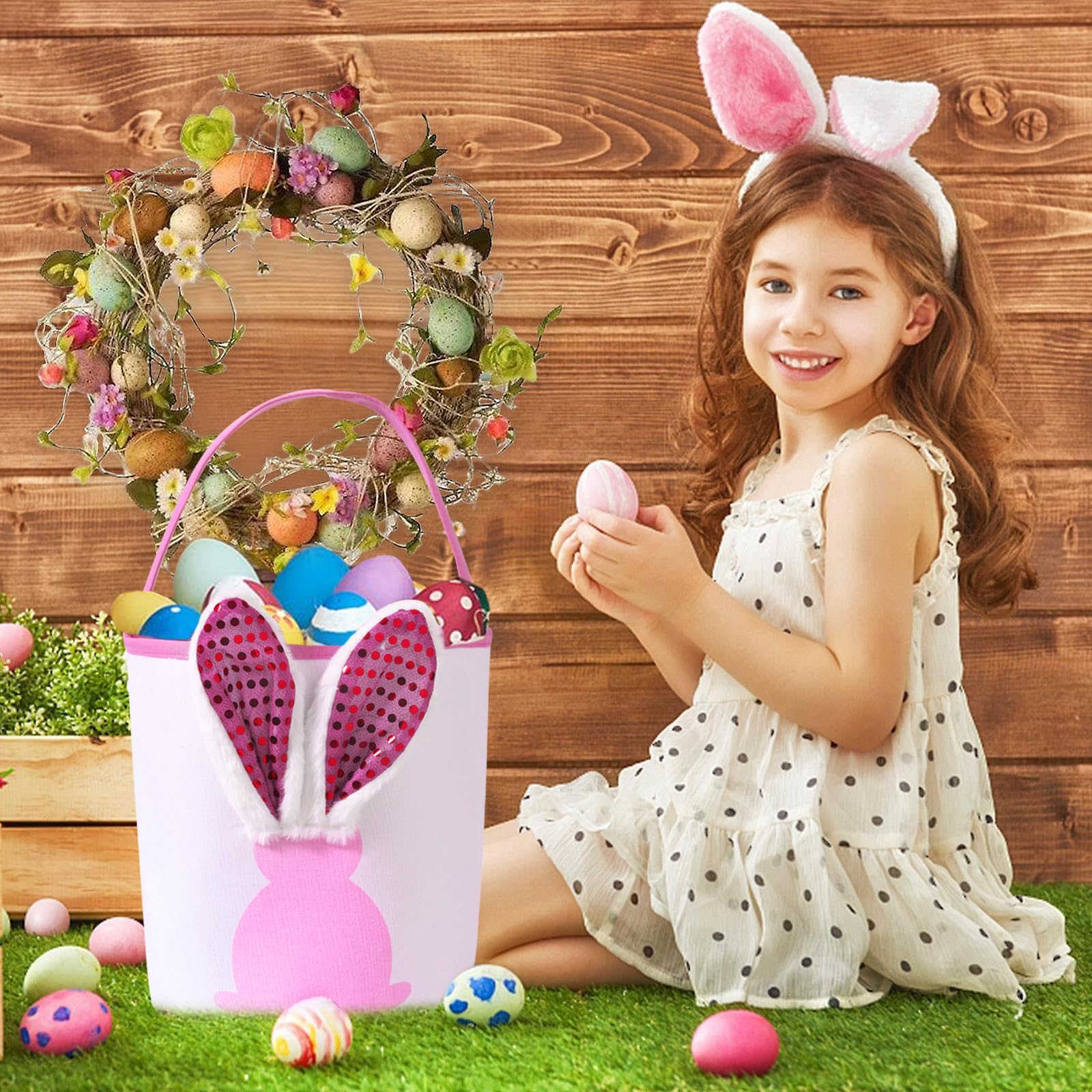 Easter Bunny Baskets Empty with Lights, Large Easter Egg Hunt Baskets for Kids, Canvas Easter Basket Candy Tote Bags with Handles, Easter Decorations Party Supplies (Blue + Pink)