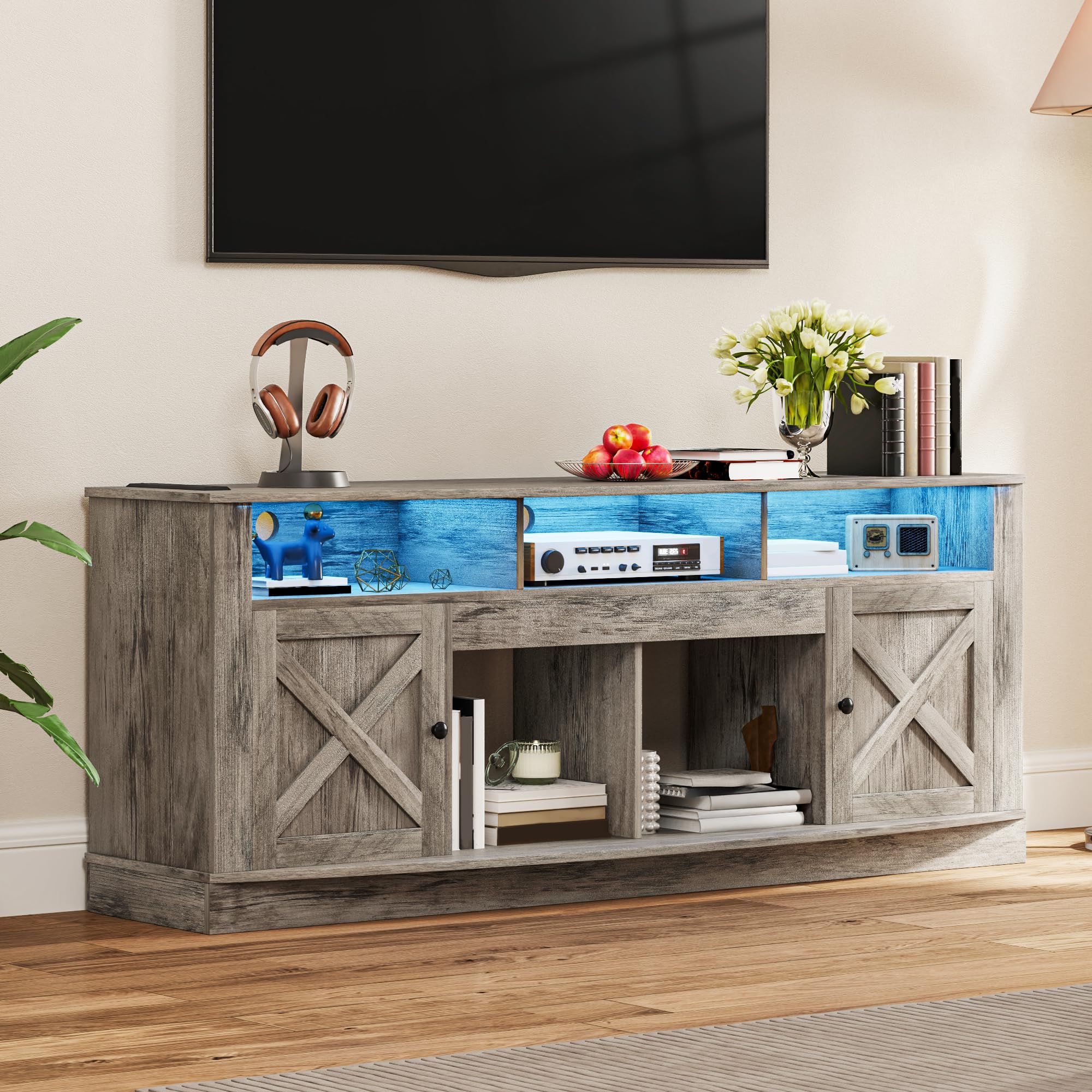 Photo 1 of *******************MINOR DAMAGE*************
DWVO TV Stand for 75/80 Inch TV, Entertainment Center, LED Light Media Console, TV Cabinet with Barn Doors and Power Outlet for Living Room, Washed Grey