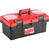 MAXPOWER 17 inch Tool Box, Small Plastic Toolbox with Handle | Removable Tray and Lockable Latches, Red