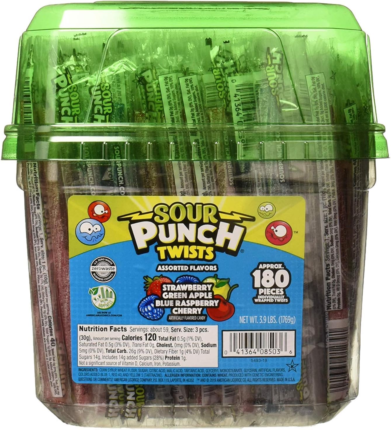 Sour Punch Twists, 6" Individually Wrapped Soft & Chewy Candy Tub, 4 Fruit Flavors, 62.4 Oz - PACK OF 2