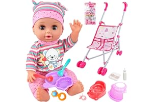SMILESSKIDDO Baby Doll with Stroller, 14'' Soft Body Dolls with Accessories Includes Foldable Cart, Feeding Playset, Babydoll Pretend Play Toddler Toys Gifts for 1 2 3 4 Year Old
