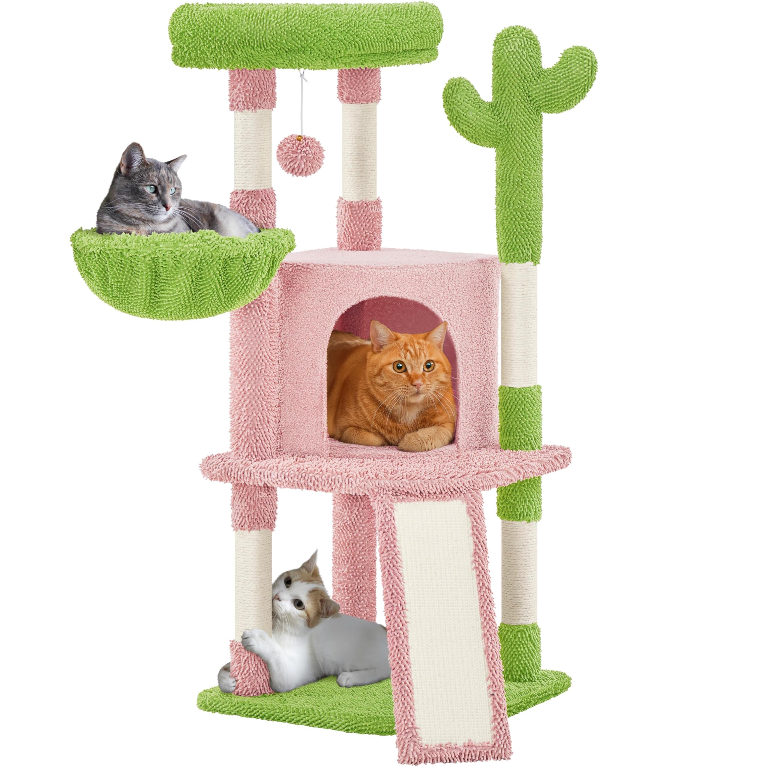 Yaheetech Cactus Cat Tree, 42in Cat Tower for Indoor Cats, Multi Level Kitten Condo Scratching Post, Pet Activity Center Furniture w/Ball, Plush Perch, Platform, Basket, Pink/Green Image