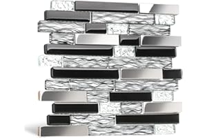 Blujellyfish Glass Metal Tiles Art Mosaic Silk Black Crystal Glass Chrome Silver Steel Accent Wall Border Kitchen Bath Backsplash Tile TSTNB12 (5 Square Feet)