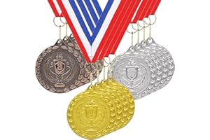 DONRIME Medals for Awards, 12 Pieces Gold Silver Bronze Metal Medals Winner Medals with Ribbon Necklace for Sports Day Prizes, Gymnastics Competitions, Party Gifts, Kids Adults