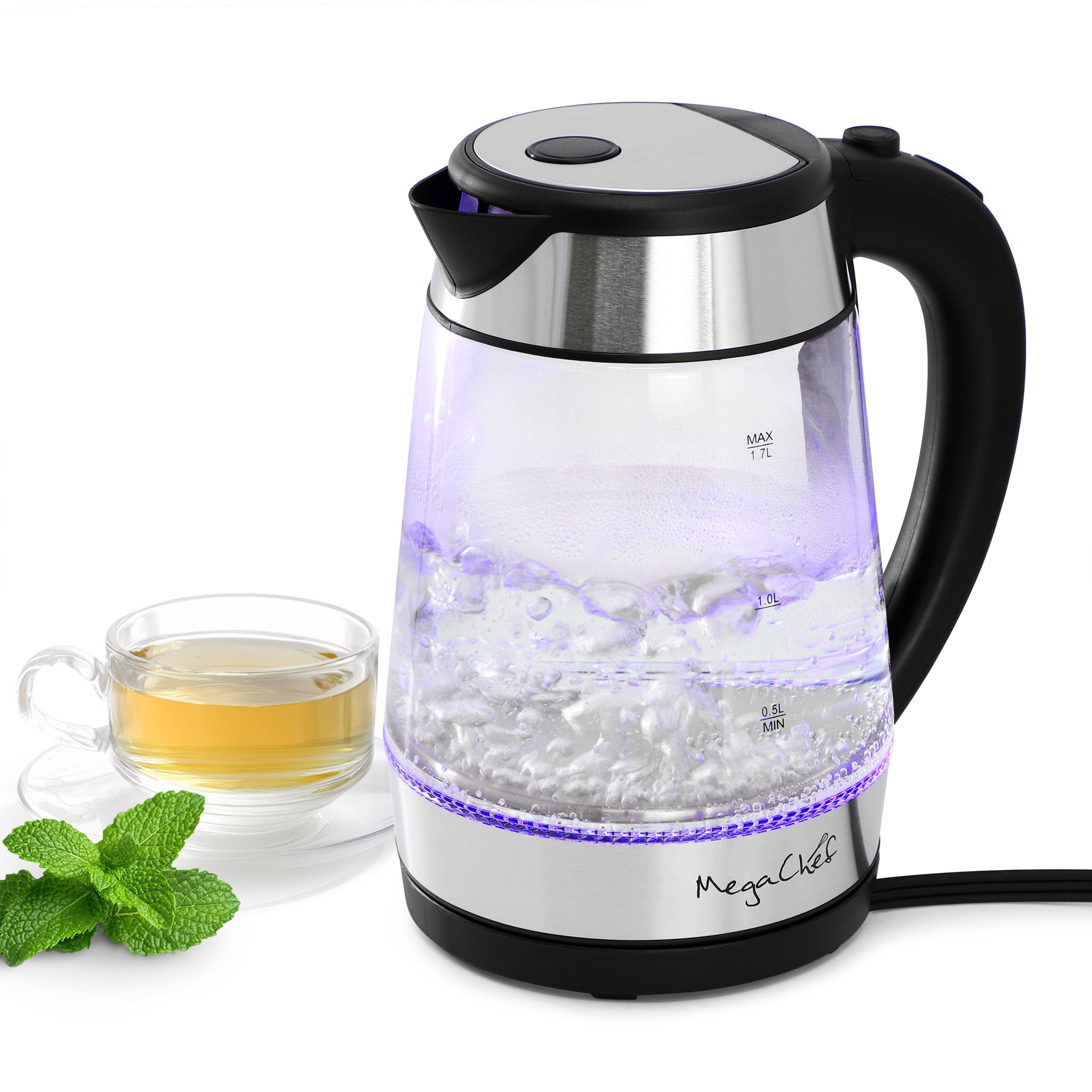 Photo 1 of MegaChef Electric Watter Boiler/Tea Kettle (Glass, 1.7 Quart, Silver)