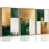 3 Pcs Emerald Green and Gold Canvas Wall Art Modern Luxury Abstract Minimalist Neutral Green gold Pictures Wall Decor Poster Print Artwork for Living Room Bedroom Office Home Decora Unframed