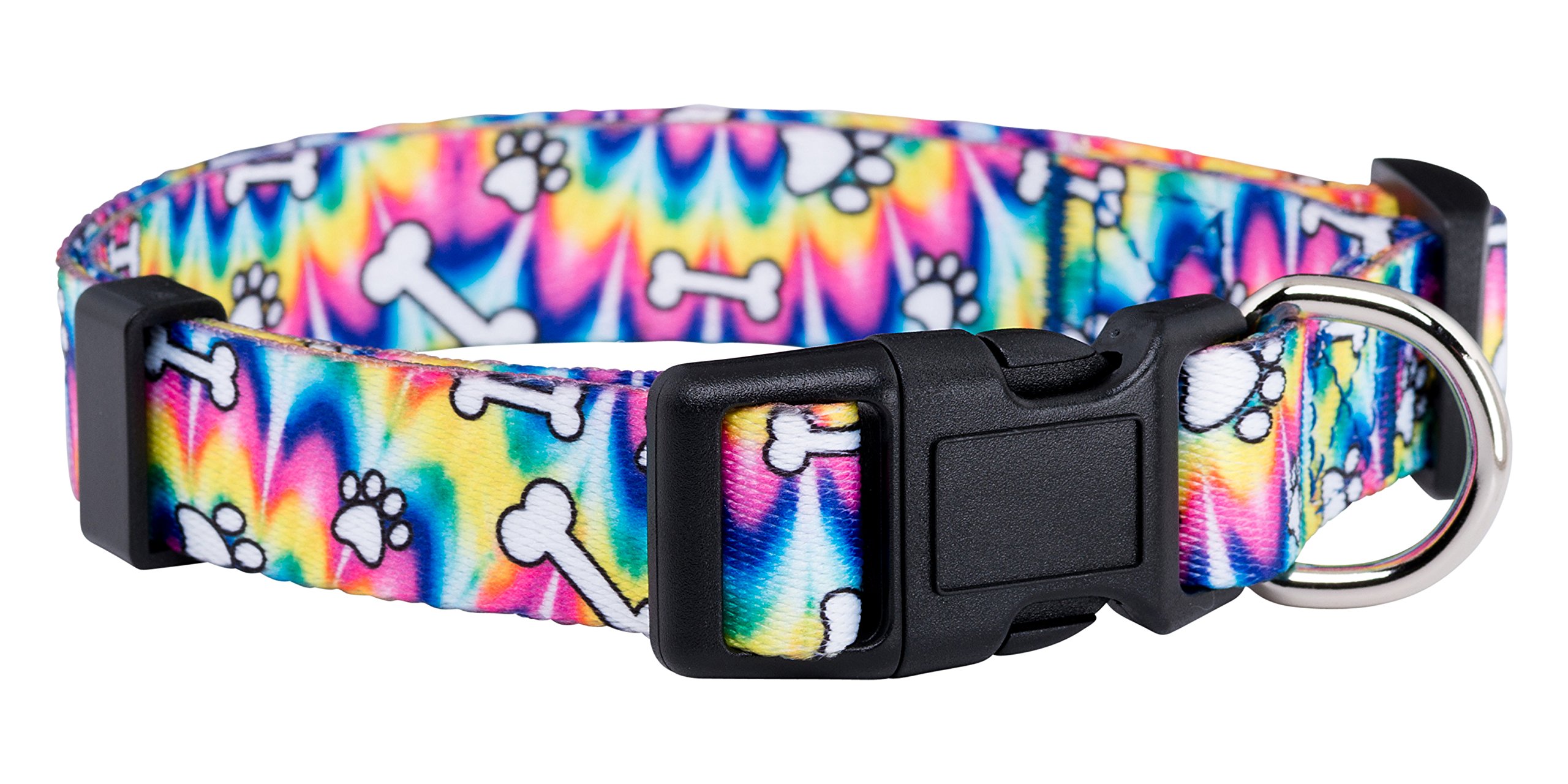 Native PupTie Dye Dog Collar, Paws and Bones Hippie Tiedye for Large Dogs (Large)