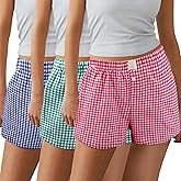 PUREZON 3 Pack Women's Boxer Shorts,Plaid Shorts for Women,Summer Casual gingham pajama Lounge Sleep Bottoms,Beach Bottoms (Light Pink, Royal Blue, Green)