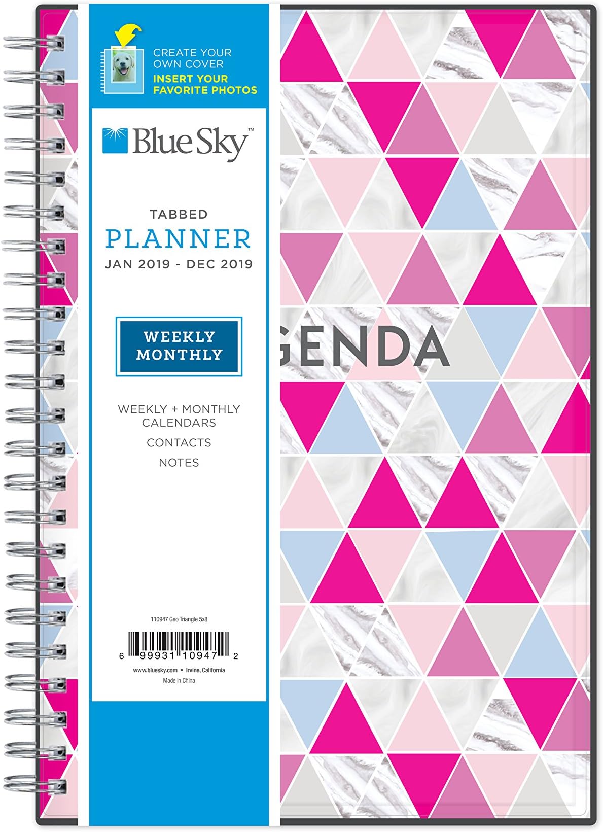 Blue Sky 2019 Weekly & Monthly Planner, Flexible Cover, Twin-Wire Binding, 5" x 8", Geometric Triangles