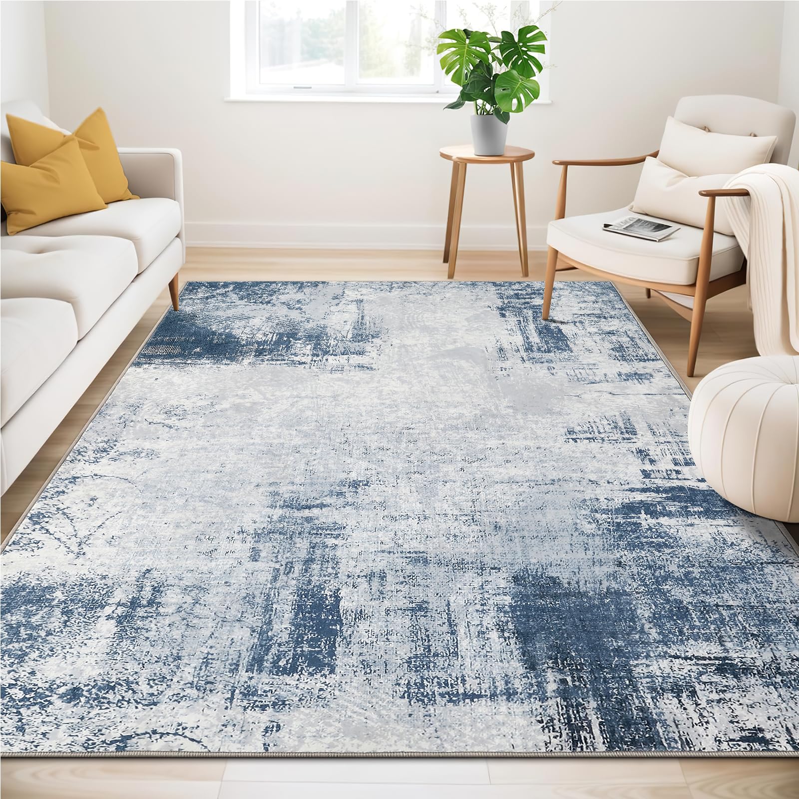 Guchuang Bedding Washable Rugs Living Room Soft Faux Short Pile Area Rugs Modern Non Slip Non Shedding Blue Rug Abstract Carpet for Bedroom Dining Room Office 120 x 170 cm