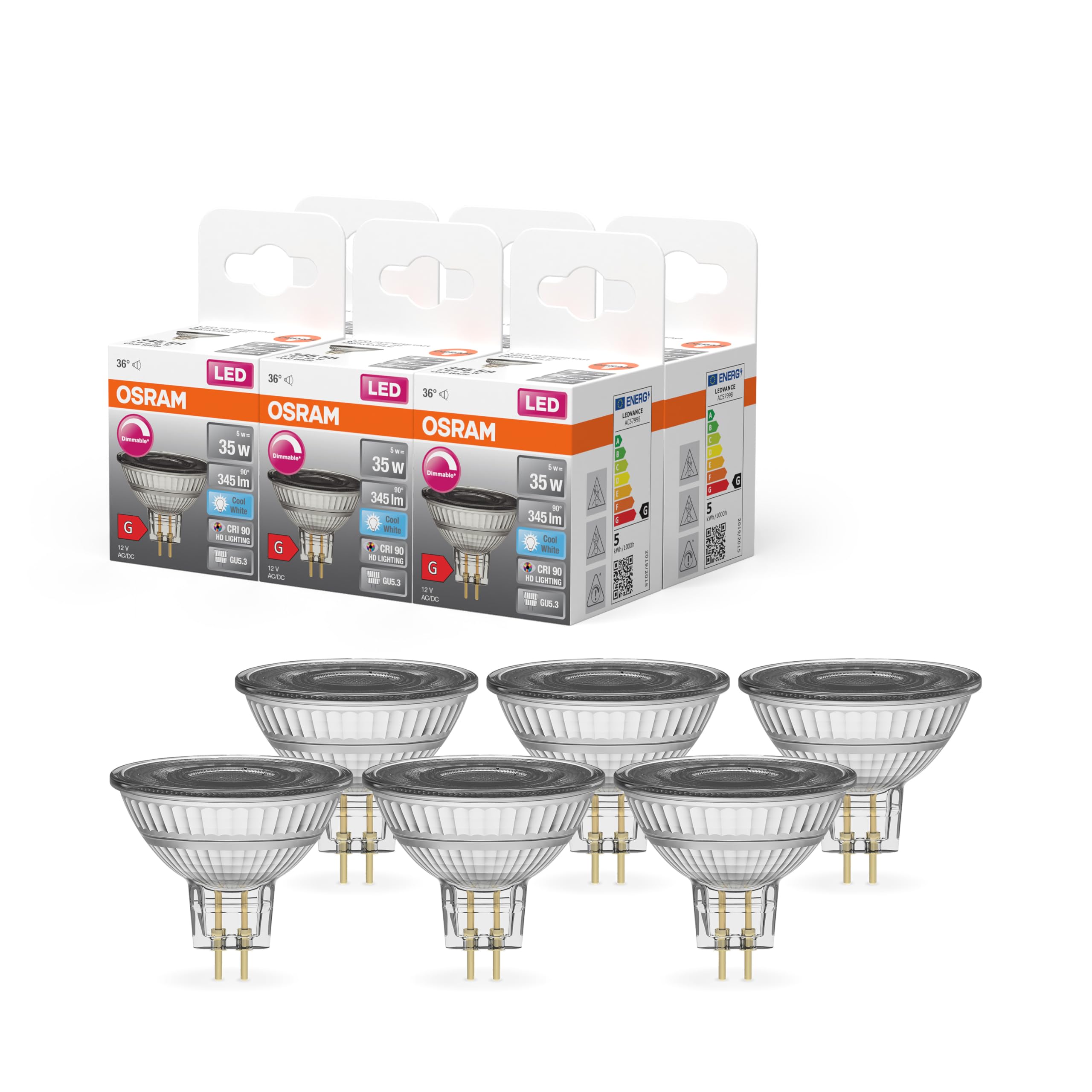 OSRAM Superstar Reflector lamp, GU5.3-Base Clear Glass,Cold White (4000K), 345 Lumen, 35W-Replacement, dimmable, 6-Pack