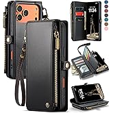 Defencase Compatible with iPhone 17 Pro Case Wallet with RFID Blocking Card Holder for Women and Men, Fashion PU Leather Magnetic Snap Flip Zipper Strap Wallet Phone Case for iPhone 17 Pro 6.3", Black